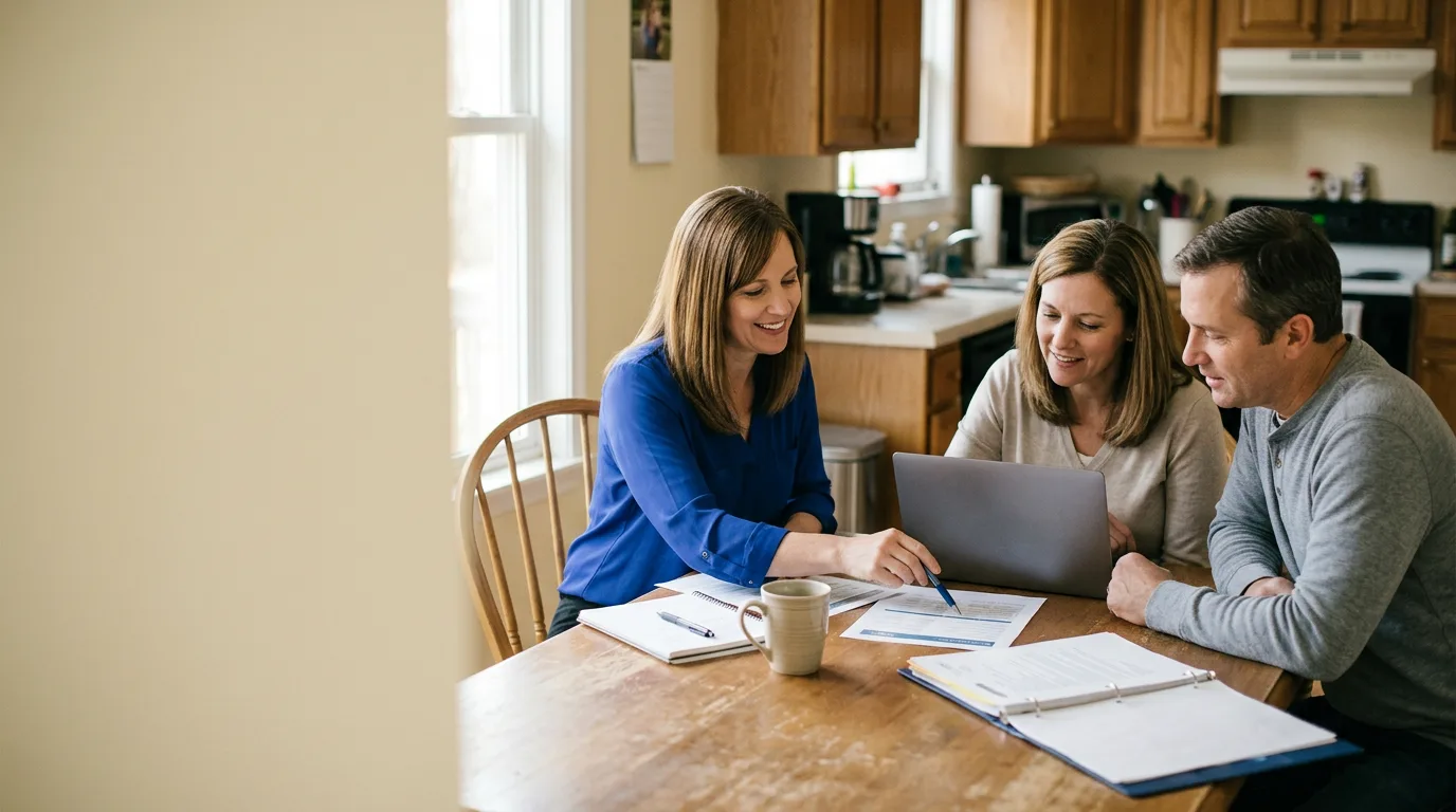 An advisor and two parents going over college costs at a kitchen table